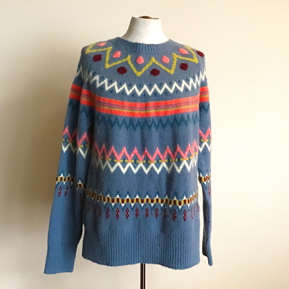 Sundance Blue Fair Isle Wool Alpaca Crew Neck Long Sleeve Knit Sweater Size M